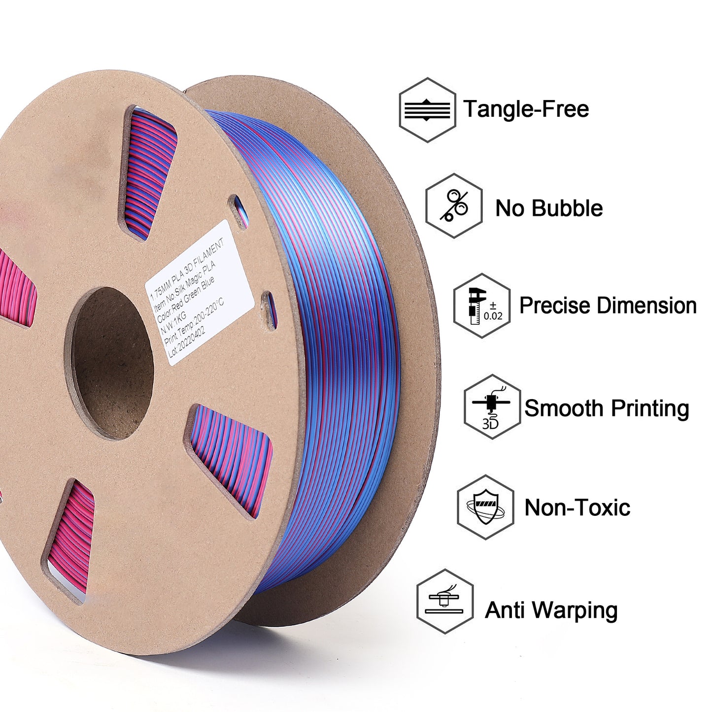 1.75mm Magic PLA 3D Printer Filament, Shiny Silk Coextruded PLA, 3 colors in 1 Filament